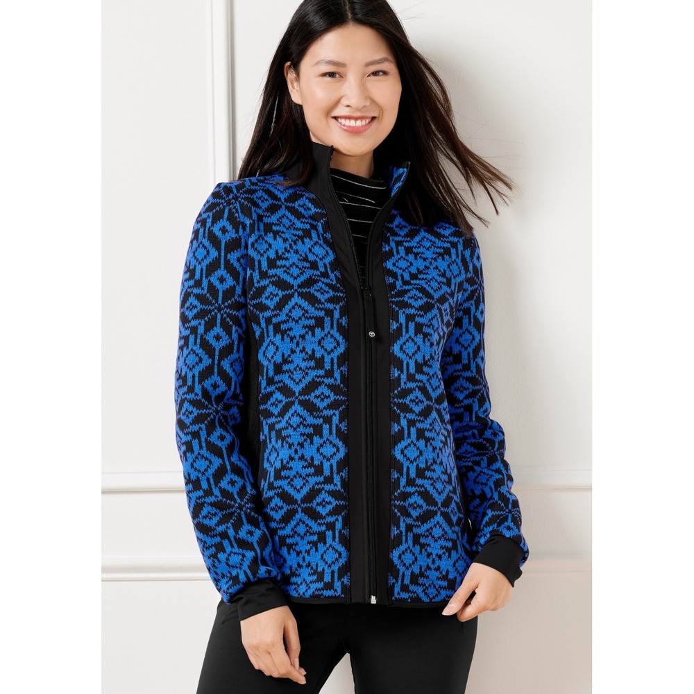 T by Talbots Plus Size 1X‎ Blue Black Patterned Full Zip Knit Jacket